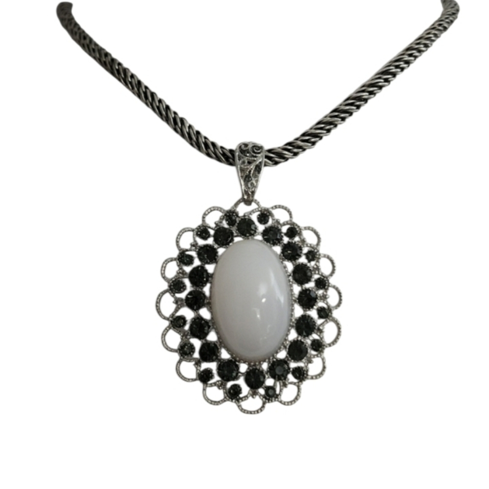 Chico's Silver and Black Oval Pendant Necklace